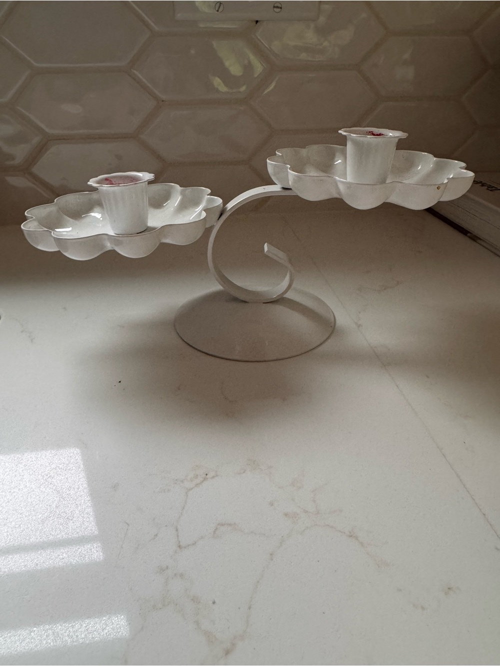 Vtg White Metal Double Flower taper candle Holder